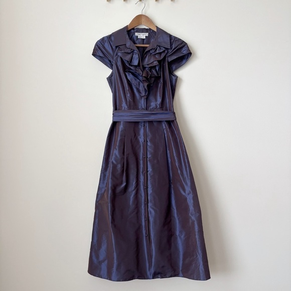 Kay Unger Silk Taffeta Midi Dress 4 Purple Ruffle Button Front - Picture 9 of 9
